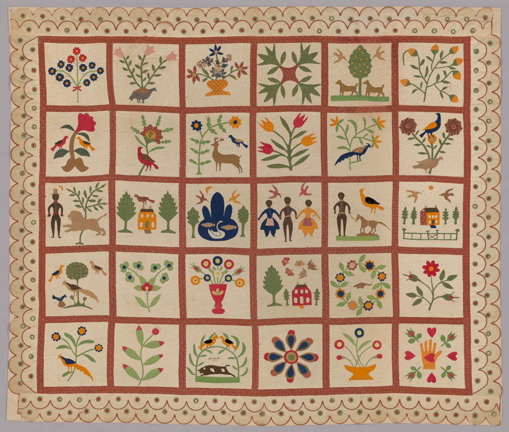 Flower, bird and geometric blocks from the 1854 Album Quilt