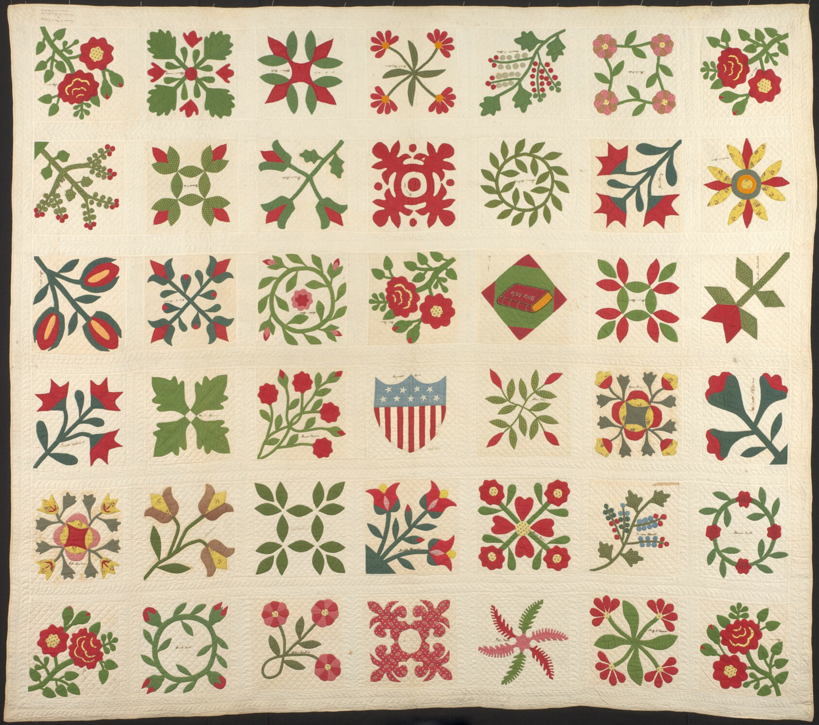 Appliquéd floral blocks in the Circuit Rider’s Quilt