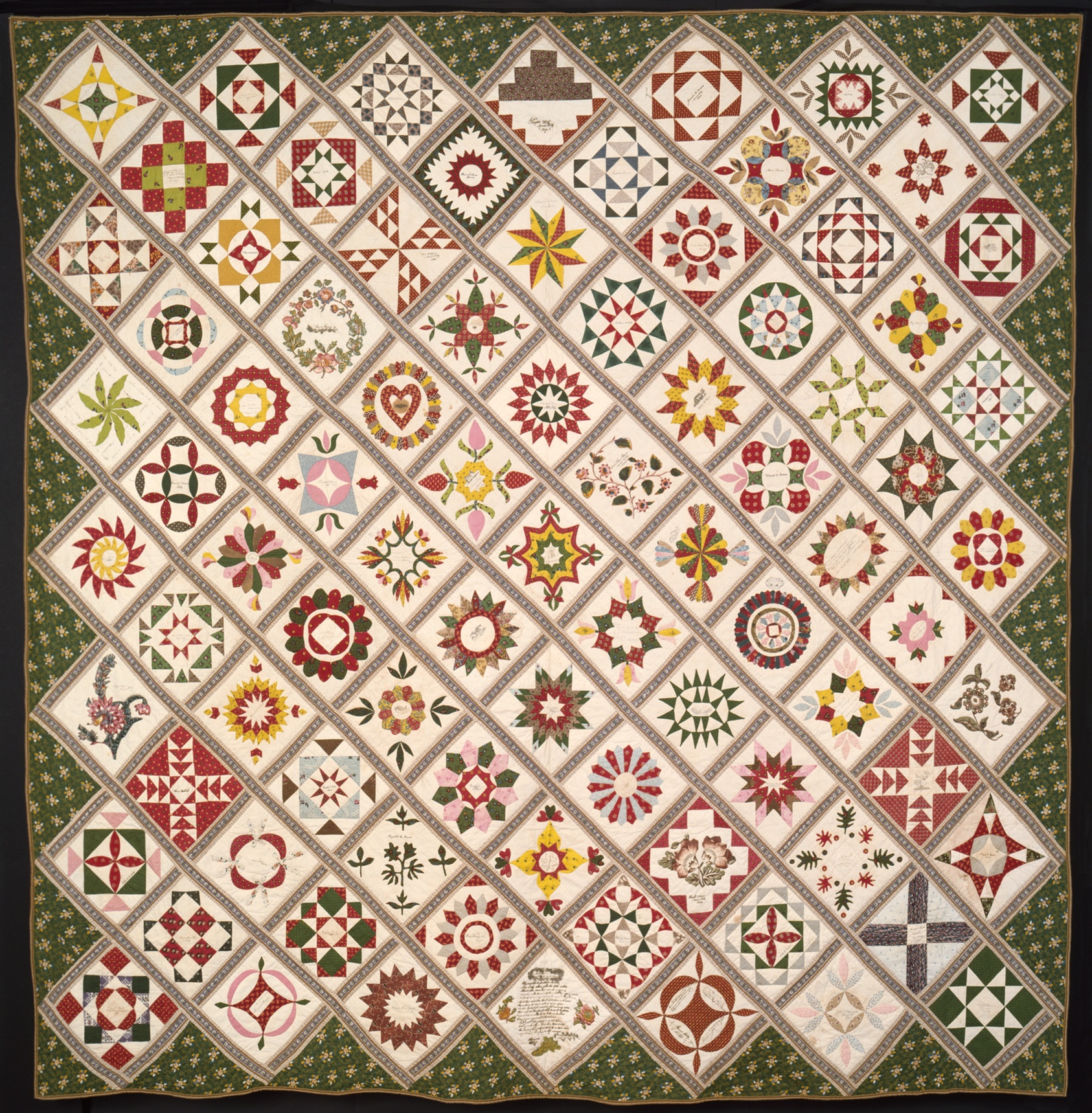 Geometric and floral patchwork blocks in the 1842 Friendship Quilt